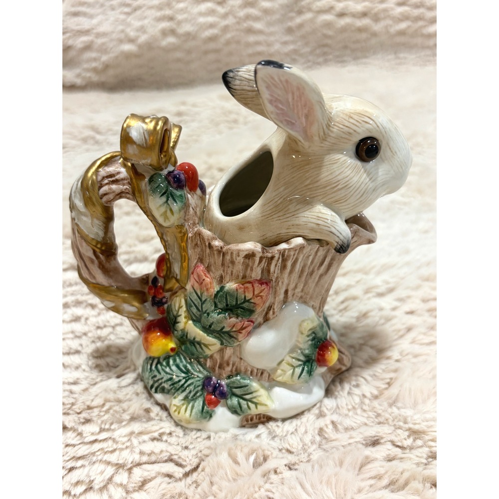 Vintage Fitz and Floyd Classics Snowy Woods Bunny Tree Stump Creamer Pitcher